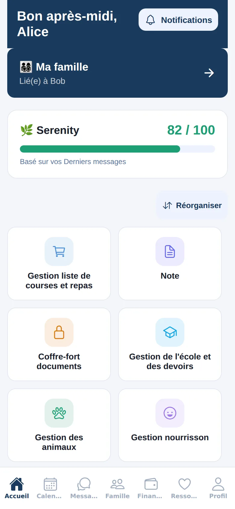 Accueil avec raccourcis et note Serenity