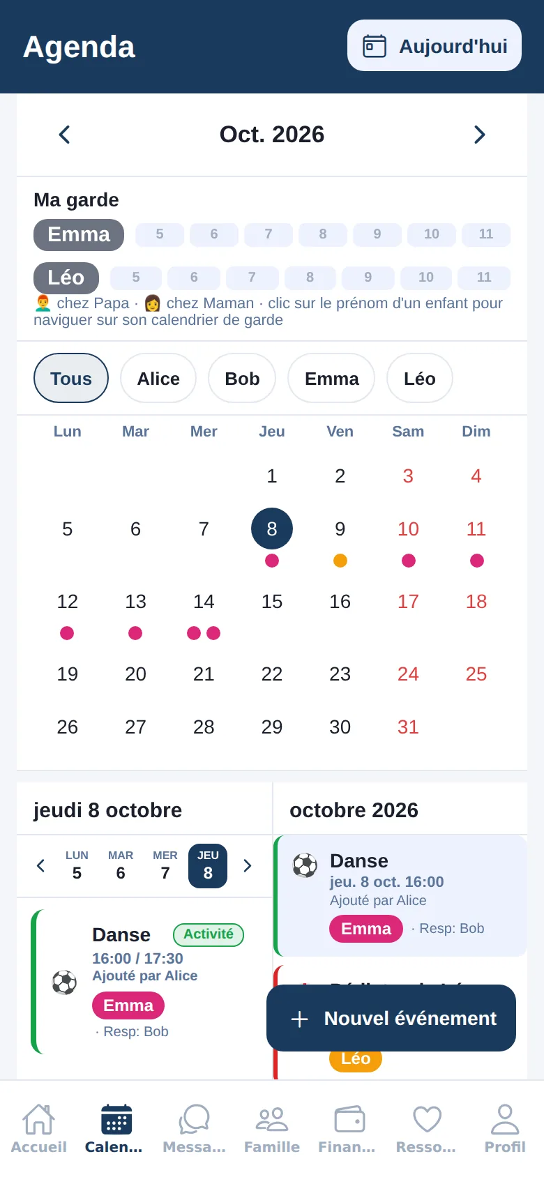 Agenda familial du mois avec les gardes