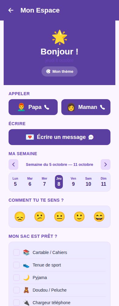 Espace enfant avec appel des parents et humeur du jour