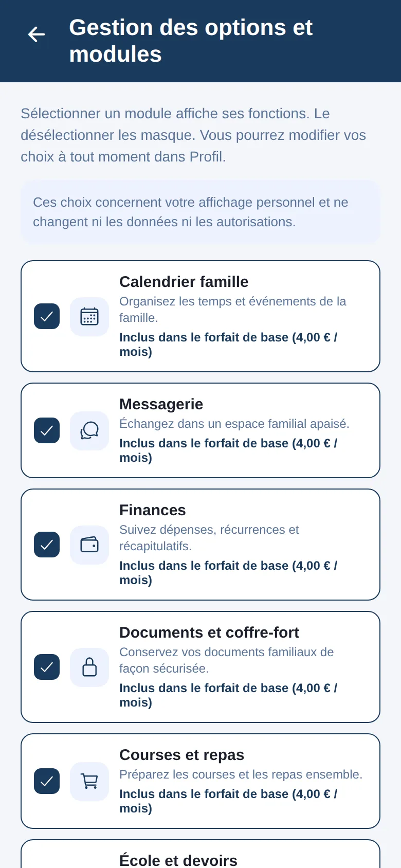 Choix des modules affichés